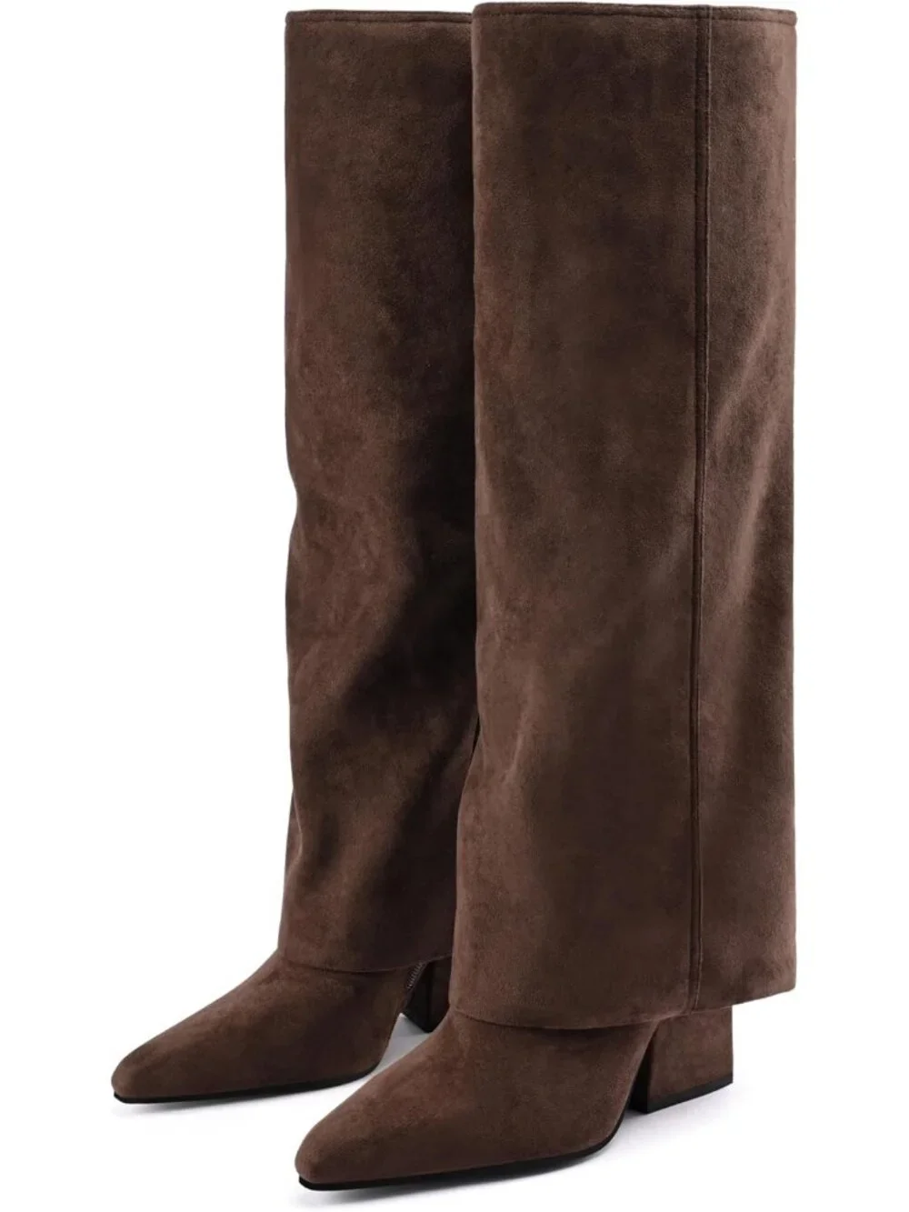 Women's Brown Block Low Heels Knee High Fold Over Pointed Toe Shark Tall Boots